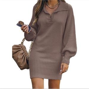 Women Casual V Neck Knit Mini Sweater Dress